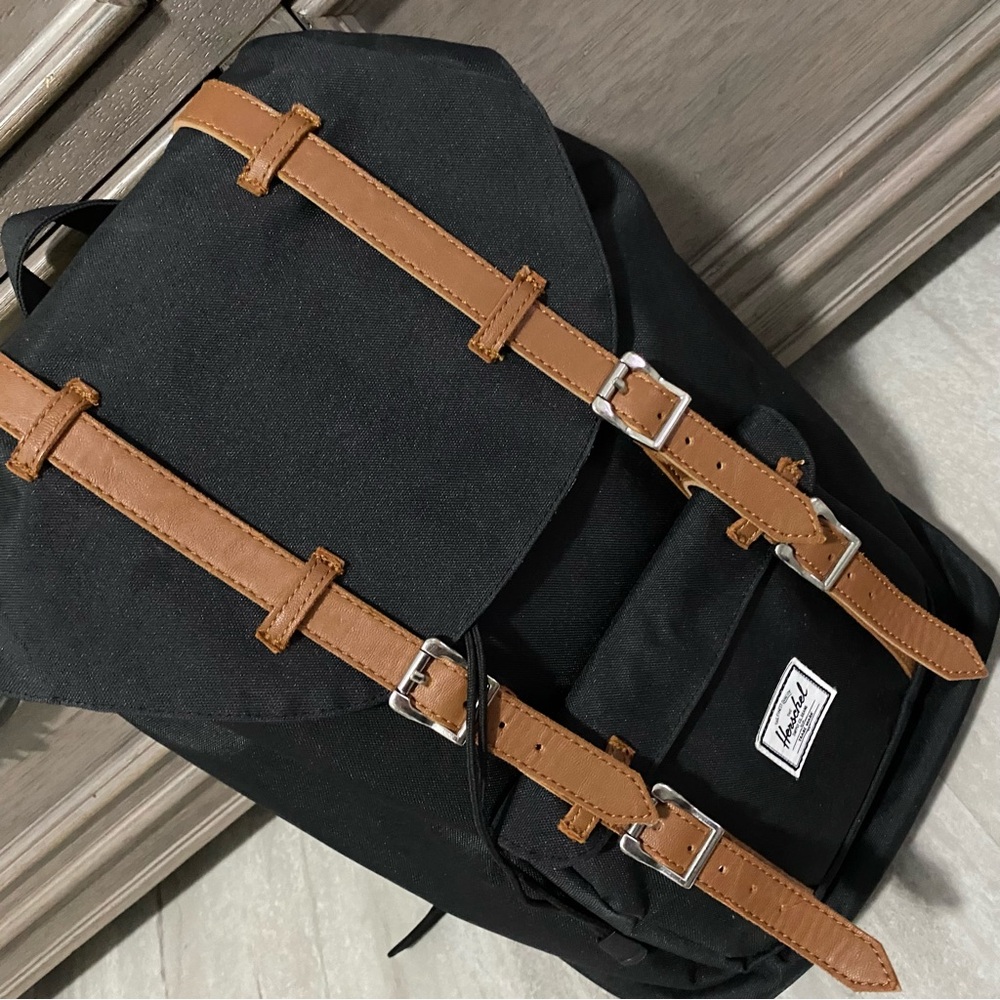 Hershel black backpack with brown leather detail